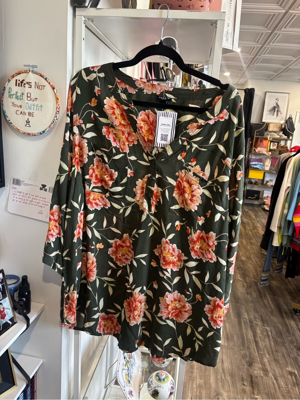 torrid Olive Green Floral V-Neck Tunic blouse with Coral-Pink Blooms